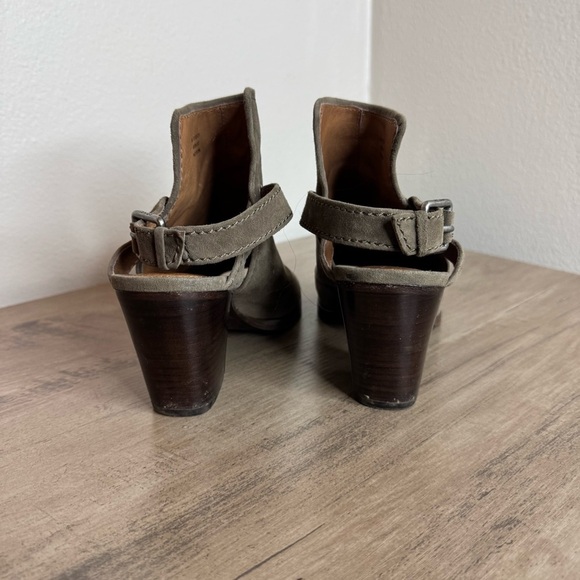 Frye Size 8 Dani Shield Suede Dark Taupe Open Toe Bootie Heel - Picture 5 of 11